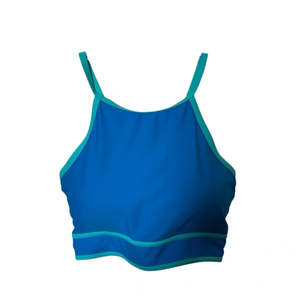 HannaBanna Blue Modest Bikini Top with Crisscross Back and Contrasting Trim